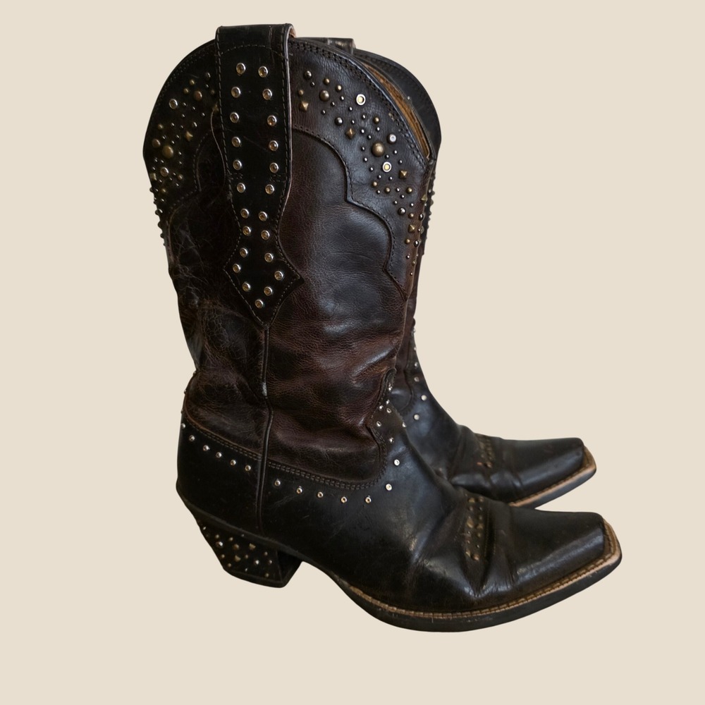 Ariat Womens Western Boots Size 6.5 B Brown Studded Leather Snip Toe Cowgirl - Picture 1 of 9